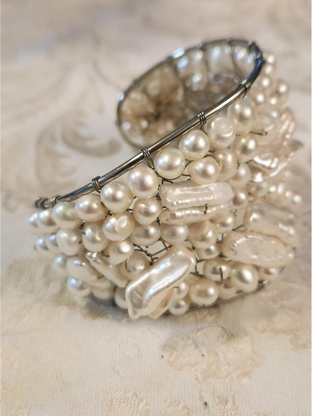 Fresh Water Pearls  Statement Runway Bride's Cuff Bracelet